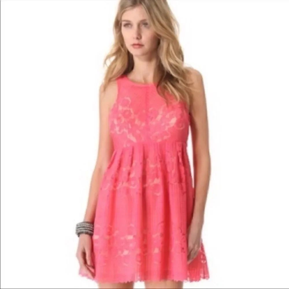 NWOT Free People Rocco Coral Pink Lace Babydoll Dress - Picture 1 of 11
